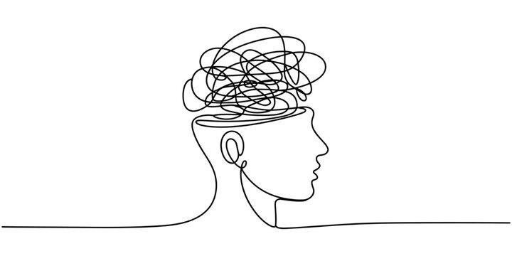 Human head with confusion of thoughts, Concept of confusion in the head. Continuous One line drawing. Problems stress illness and depression concept. Editable line. Hand drawn one line vector