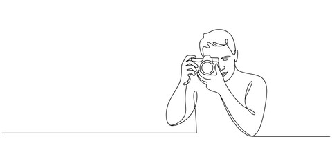 Continuous line drawing of a man holding a camera and taking a photo. Minimalist one line art representing photography, creativity, and capturing moments