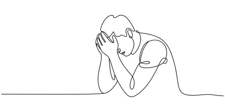 Man in depression, stressed, headache and despair continuous one line drawing. Single line art illustration of confusing and stressed person. Editable vector, Continuous line drawings of a young man.
