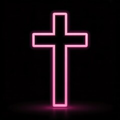 Obraz premium Pink Neon Christian Cross Glowing on Black Background for Modern Religious Concept