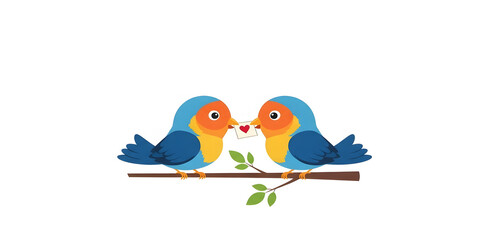 Fototapeta premium Cute cartoon lovebirds perched on a branch illustration
