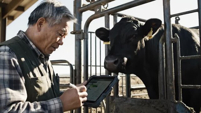 Senior Farmer Checking Cattle Health Records Using Digital Tablet
