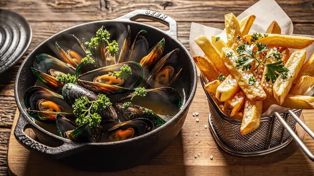 Beautiful overhead compositional shot of a classic pairing of mussels and golden French fries garnished with fresh green parsley on a rustic wooden table moules frites, arrangement, healthy protein