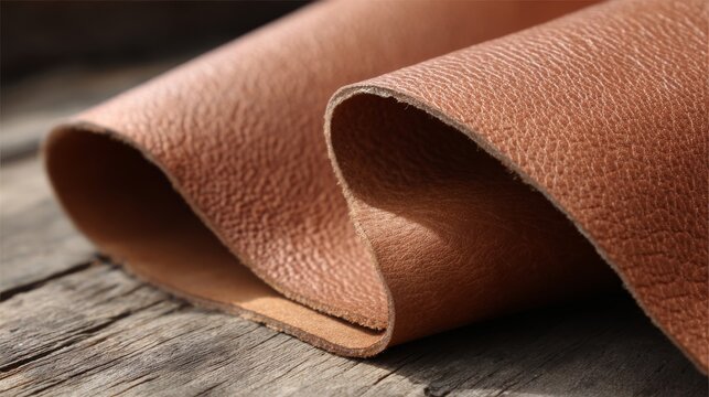 Close-up of rich brown full-grain leather with organic texture, showcasing natural material detail on a rustic wooden surface