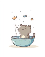 Brown Cat Fishing in Blue Bowl with Fish