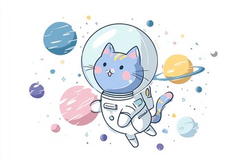 Blue Cat Astronaut Floating in Space with Planets