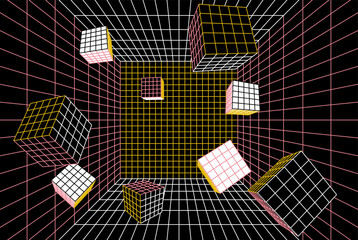 Abstract 3D cubes space composition. Floating wireframe blocks in perspective grid virtual reality room, geometric cyber box with square boxes. Digital vector illustration with editable stroke path