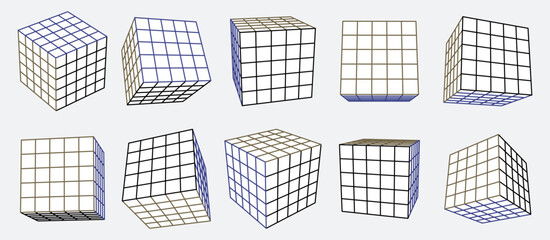 3D wireframe cubes. Geometric isometric 5x5 box, perspective grid block and linear square shapes. Abstract mathematical forms, structural outline, transparent design elements and technical drawing edi