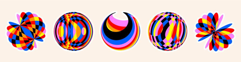 Abstract Op art overlapping spheres. Geometric 3D overlayed cirecles with distorted colorful checkerboard pattern, sphere shapes with warped grid color overlay effect. Creative design elements vector 
