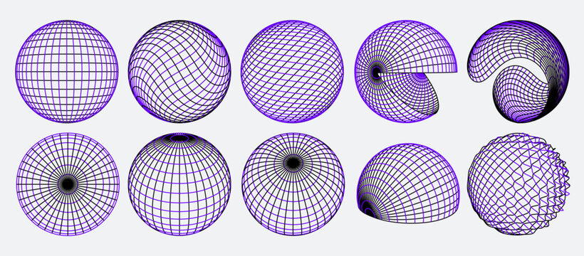3D wireframe spheres. Geometric grid globes, abstract planet shapes and circular network balls. Latitude and longitude meridian lines, futuristic cyber distorted form, tech orb and digital world map w