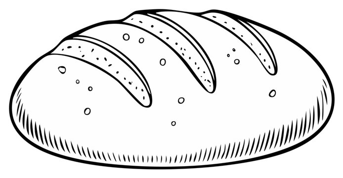 Line art drawing of a crusty loaf of bread with scoring on top and scattered crumbs