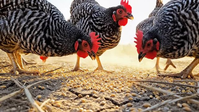 Free range chickens feeding grain ground level sunny farmyard