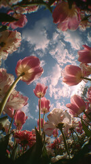Obraz premium Fisheye view from ground looking up through pink tulips and carnations at sky with clouds, flowers bending in wind, dreamy cinematic light