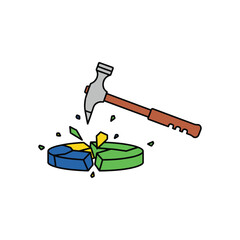 Hammer breaking pie chart data analysis and disruption concept