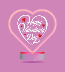 A glowing heart and valentine s day message on a pink platform