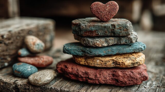Stacked, colorful stones topped with heart, balancing on wooden surface
