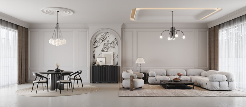 Panorama living and dining room in modern classic style  interior. 3d rendering