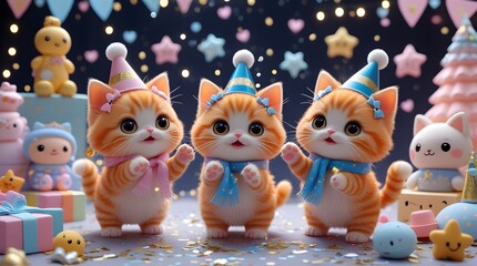 kawaii stop motion animation, tiny chubby orange kittens celebrating New Year together, 