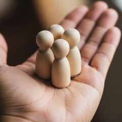 Family support care protection hand holding wooden figure group in palm conveying warmth trust and gentle connection for community or teamwork