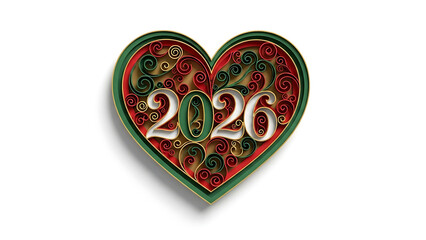 Vibrant heart shaped 2026 design with swirling patterns and bold colors