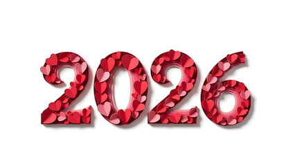Red heart shaped numbers spelling 2026 on white background