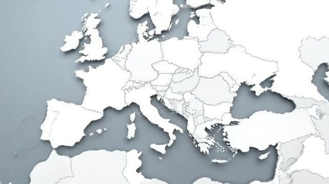 Europe map animated in white and grey colors with focus on the European continent
