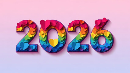 Vibrant 2026 rainbow heart numbers on pastel background