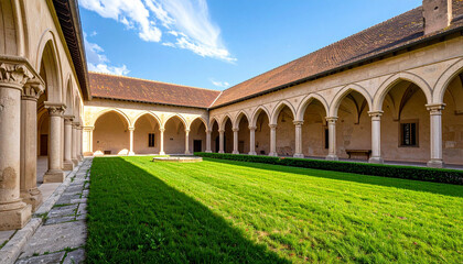 Fototapeta premium monastery courtyard with arches and green lawn