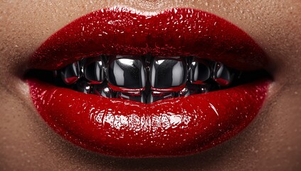 Obraz premium Glossy Red Lips with Metallic Dental Grills in Surreal Fashion Portrait