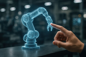 Automation robotic arm holographic interaction shows a human hand engaging a virtual industrial robot in a modern factory setting conveying innovation and productivity