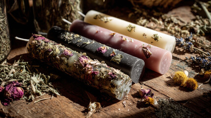 Handcrafted ritual taper candles with embedded dried herbs and flowers on rustic wooden surface, natural sunlight, earthy aesthetic