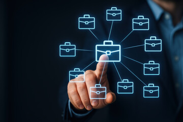 Business network scalability growth A professional touching a holographic briefcase icon to replicate connections and visualize expanding corporate network