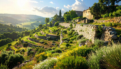 rural landscape with stone walls and terraces under a cloudy sky