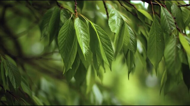 Serene tree leaves gently swaying in the soft breeze captured in a close-up view