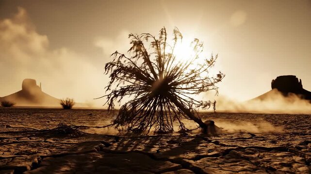 Blazing intense blinding sun silhouetting a dead, withered desert plant slowly turning in a hot, dry, dusty environment suggesting extreme scarcity hot wind, abstract, empty