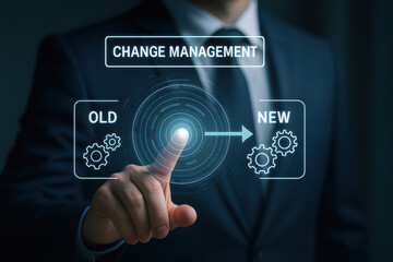 Change management old new process transition: executive touching holographic interface to guide transformation and drive efficiency in corporate workflow with confident urgency
