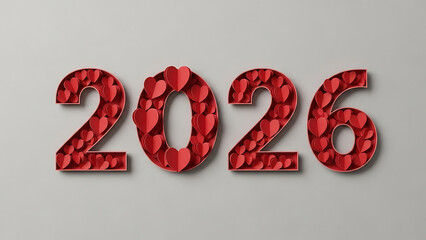 Red 2026 numbers filled with hearts on gray background