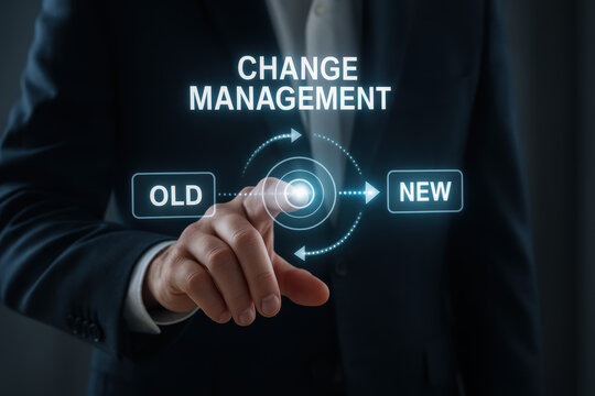 Change management transition process transformation A business executive touches a virtual interface to move a workflow from old state to new state conveying strategic change and