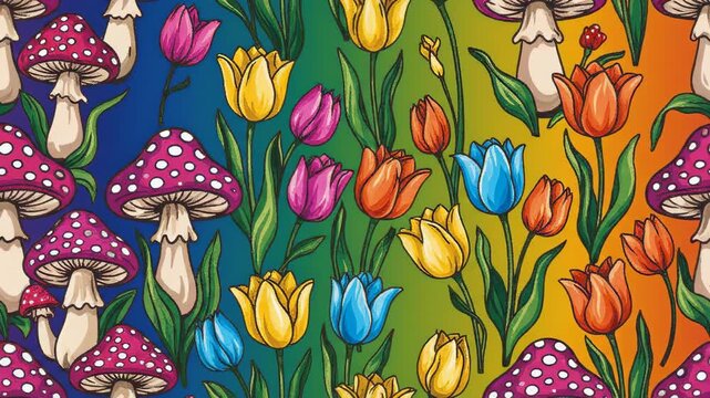 Bold stylized folk pattern of mushrooms and tulips transitioning color smoothly across a vibrant gradient background in a continuous seamless loop vibrancy, wallpaper, artistic rendering