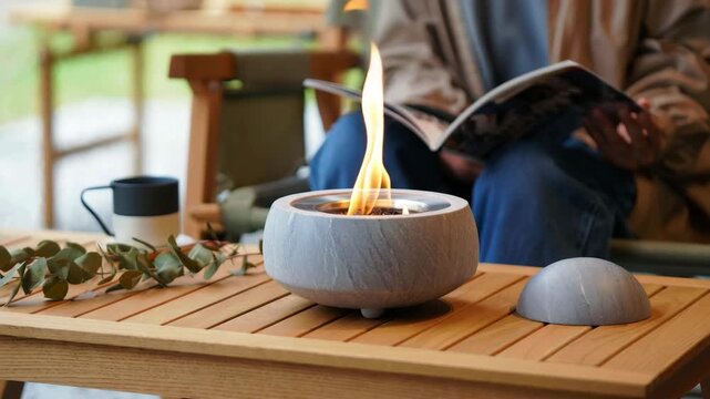Portable tabletop fire with soft flame on wooden table, cozy home atmosphere, modern interior lifestyle, relaxing evening mood, minimalist design, warm ambience for comfort living space daily rela