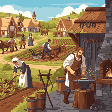 Medieval Village Life Scene with Blacksmith, Farmers Plowing Fields, and Rural Peasant Community Illustration