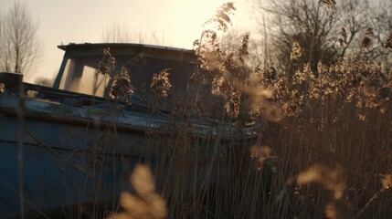 Abandoned boat nestled amongst tall grasses at sunset.