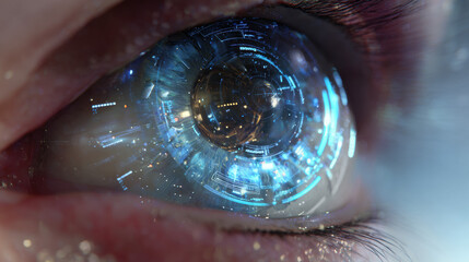 Extreme close-up of robot eye with glowing cybernetic blue iris, holographic interface reflected in lens, futuristic sci-fi atmosphere
