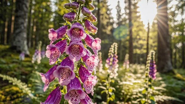 Morning Sunlight Illuminates Purple Foxglove Flowers in a Lush Forest with Dewdrops on Petals