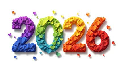 Vibrant rainbow 2026 with colorful hearts on white background