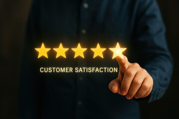 Customer satisfaction star rating review A glowing gold star shines as a hand touches the final star conveying high customer satisfaction positive feedback and trustful success
