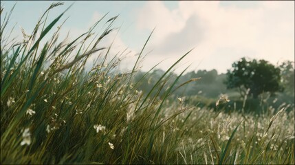 Obraz premium Lush grass field with wildflowers under a soft sky.