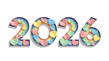 Vibrant 2026 typography with colorful hearts and rainbow effect