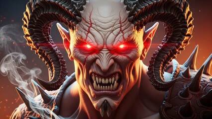 Terrifying close up portrait of a demonic creature featuring immense ridged horns glowing red eyes and sharp fangs emerging from a fiery hellish background with smoke wisps