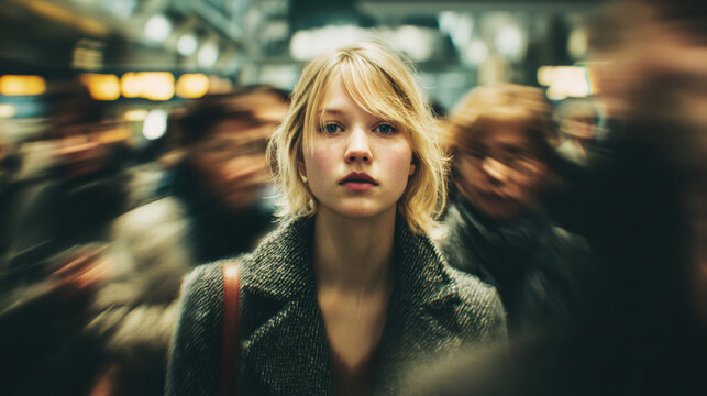 Woman standing still in busy train station with motion blur of rushing travelers, long exposure photography